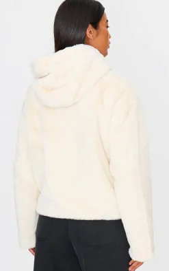 Cream Plush Faux Fur Hooded Zip Up Jacket