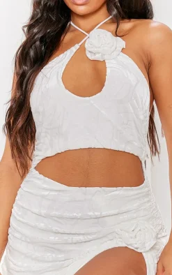 Cream Printed Devore Rose Applique Cut Out Ruched Mini Dress