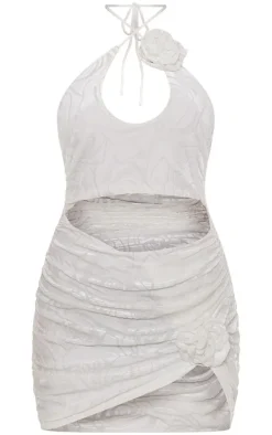 Cream Printed Devore Rose Applique Cut Out Ruched Mini Dress