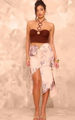 Cream Printed Handkerchief Hem Lace Up Midi Skirt