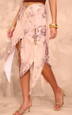 Cream Printed Handkerchief Hem Lace Up Midi Skirt