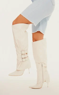 Cream PU Buckle Detail High Stiletto Heel Knee High Boots