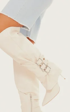Cream PU Buckle Detail High Stiletto Heel Knee High Boots