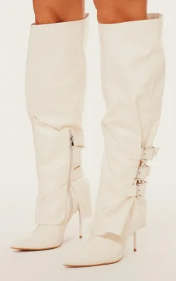 Cream PU Buckle Detail High Stiletto Heel Knee High Boots