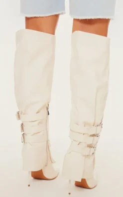 Cream PU Buckle Detail High Stiletto Heel Knee High Boots