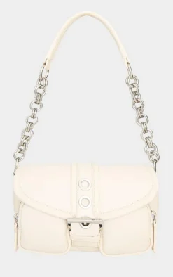 Cream Pu Buckle Detail Link Handle Shoulder Bag
