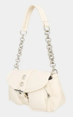 Cream Pu Buckle Detail Link Handle Shoulder Bag