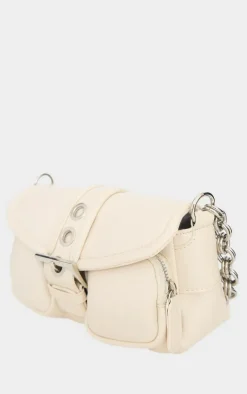 Cream Pu Buckle Detail Link Handle Shoulder Bag