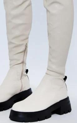 Cream PU Chunky Arched Sole Over The Knee Boots