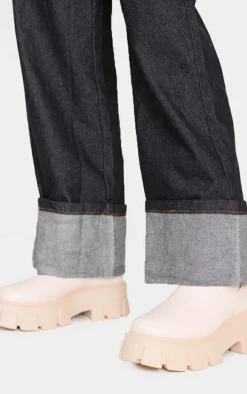 Cream PU Chunky Sole High Chelsea Ankle Boots