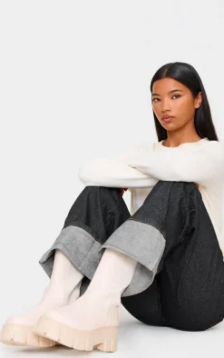 Cream PU Chunky Sole High Chelsea Ankle Boots