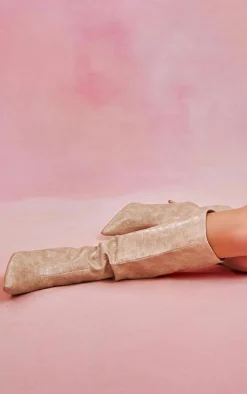 Cream PU Croc Detail Point Toe Stiletto Heeled Knee Boots