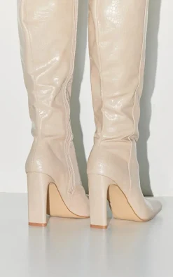 Cream PU Croc Square Toe High Heeled Knee Boots