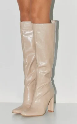 Cream PU Croc Square Toe High Heeled Knee Boots