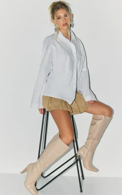 Cream PU Croc Square Toe High Heeled Knee Boots