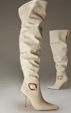 Cream PU Gold Buckle Point Toe High Stiletto Over The Knee Boots
