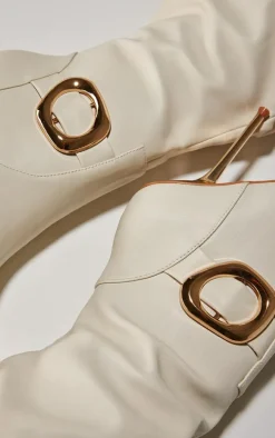 Cream PU Gold Buckle Point Toe High Stiletto Over The Knee Boots