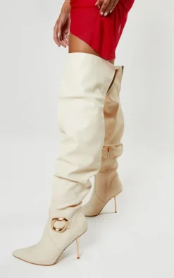 Cream PU Gold Buckle Point Toe High Stiletto Over The Knee Boots