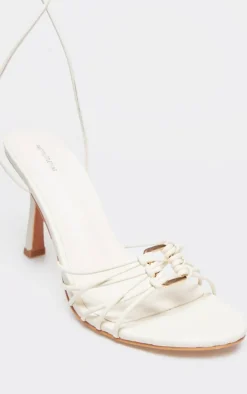 Cream PU Gold Buckle Round Toe Lace Up Heeled Sandals