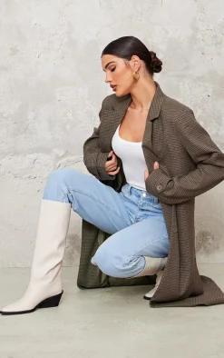 Cream PU Point Toe Black Heel Western Boots