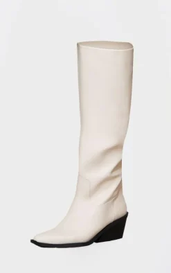 Cream PU Point Toe Black Heel Western Boots