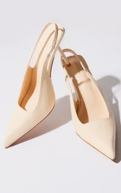 Cream Pu Point Toe Boxy Cut Sling Back Heeled Courts