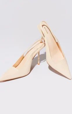 Cream Pu Point Toe Boxy Cut Sling Back Heeled Courts