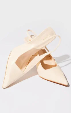 Cream Pu Point Toe Boxy Cut Sling Back Heeled Courts