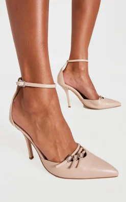 Cream Pu Point Toe Buckle Detail Court Heels