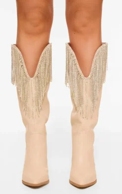 Cream Pu Point Toe Diamante Fringed Block Heel Knee High Western Boot
