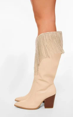 Cream Pu Point Toe Diamante Fringed Block Heel Knee High Western Boot