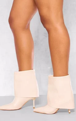 Cream PU Point Toe Fold Over Low Heeled Ankle Boots