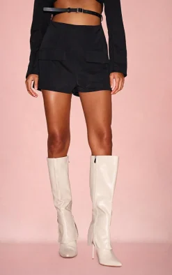 Cream PU Point Toe Fold Over Zip Detail High Stiletto Heeled Boots