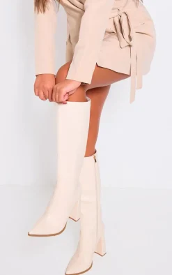 Cream Pu Point Toe Knee High Block Heeled Boots