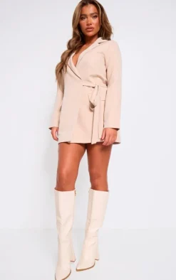 Cream Pu Point Toe Knee High Block Heeled Boots