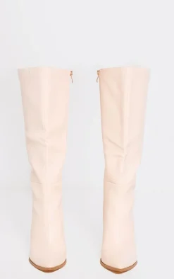 Cream Pu Point Toe Knee High Block Heeled Boots