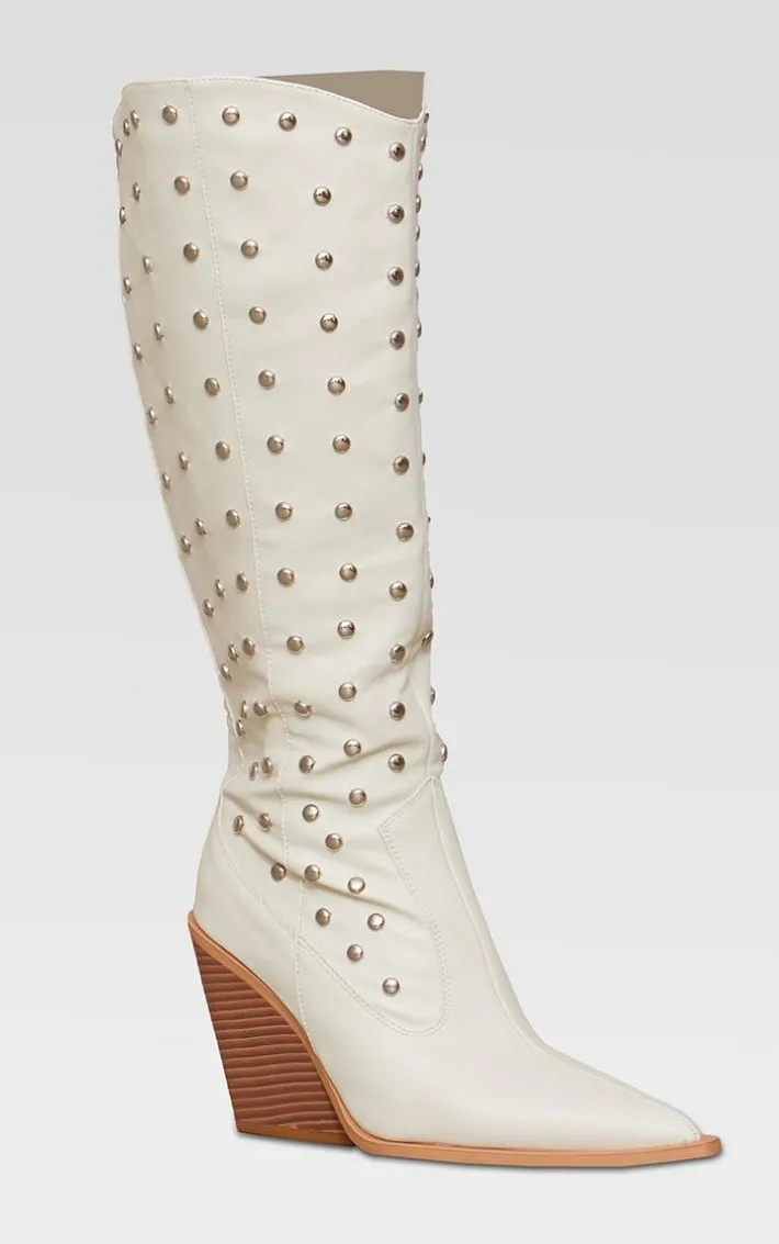 Cream PU Point Toe Silver Stud Knee High Block Heel Western Boots