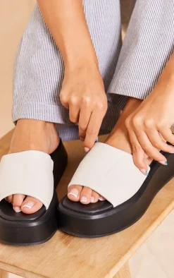 Cream Pu Round Toe Chunky Footbed Flat Sandals