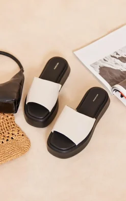 Cream Pu Round Toe Chunky Footbed Flat Sandals