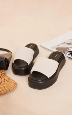 Cream Pu Round Toe Chunky Footbed Flat Sandals