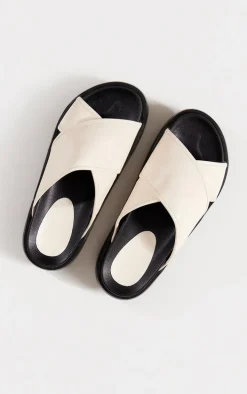 Cream PU Round Toe Cross Strap Chunky Platform Sandals