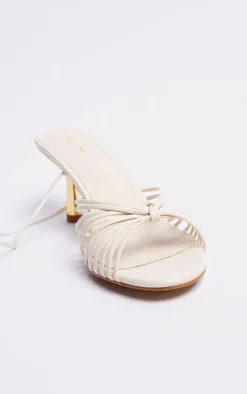 Cream PU Round Toe Knot Strap Detail Lace Up Heeled Sandals