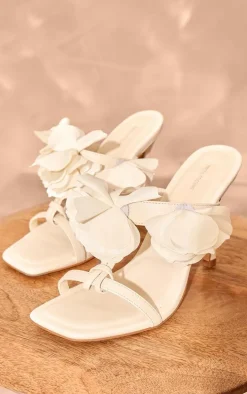 Cream PU Round Toe Satin Corsage Strap Heeled Sandals
