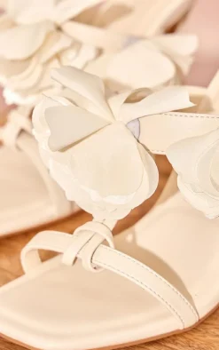 Cream PU Round Toe Satin Corsage Strap Heeled Sandals