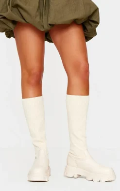Cream Pu Round Toe Sock Boots