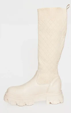 Cream Pu Round Toe Sock Boots
