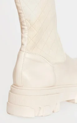 Cream Pu Round Toe Sock Boots