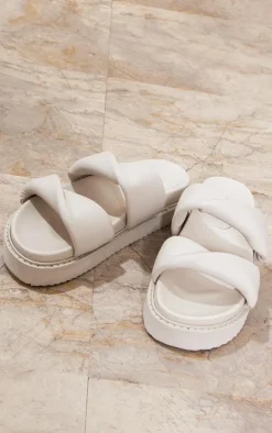 Cream PU Round Toe Twisted Strap Footbed Flat Sandals