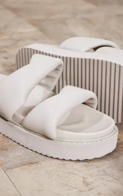 Cream PU Round Toe Twisted Strap Footbed Flat Sandals