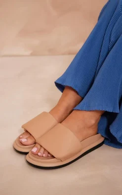 Cream PU Round Toe Velcro Strap Flat Slider Sandals